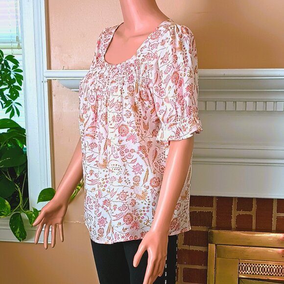 Lucky Brand Floral Smocked Peasant Top S/P Blush Pink Short Puff Sleeves - Picture 2 of 7